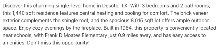 Actual MLS Writer output: a generated property listing for a home in Desoto, TX